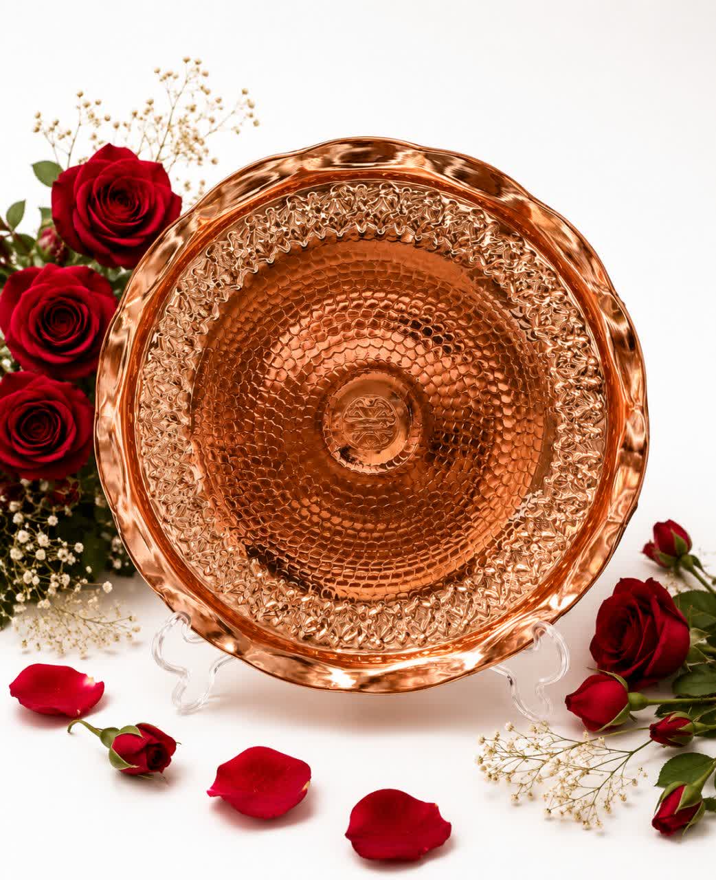 شیرینی خوری مسی گلبرگ سه پایه نانو طرح ریز گل رز گل