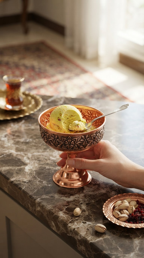 بستنی خوری مسی رنگ ثابت پایه دارطرح سیاه قلم