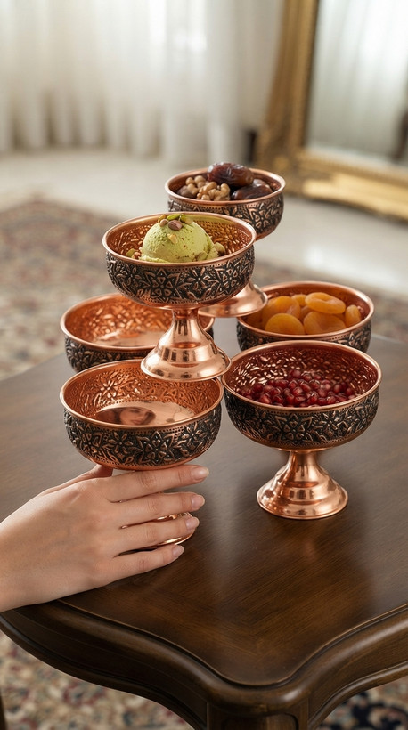 بستنی خوری مسی رنگ ثابت پایه دارطرح سیاه قلم