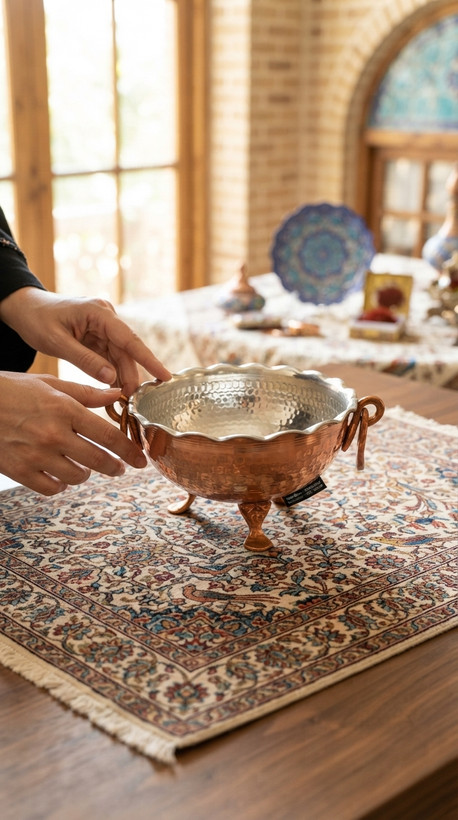 کاسه مسی پایه دار و گوشواره دار متوسط نانو شده رنگ ثابت