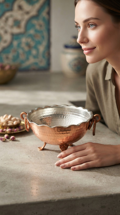 کاسه مسی پایه دار و گوشواره دار متوسط نانو شده رنگ ثابت