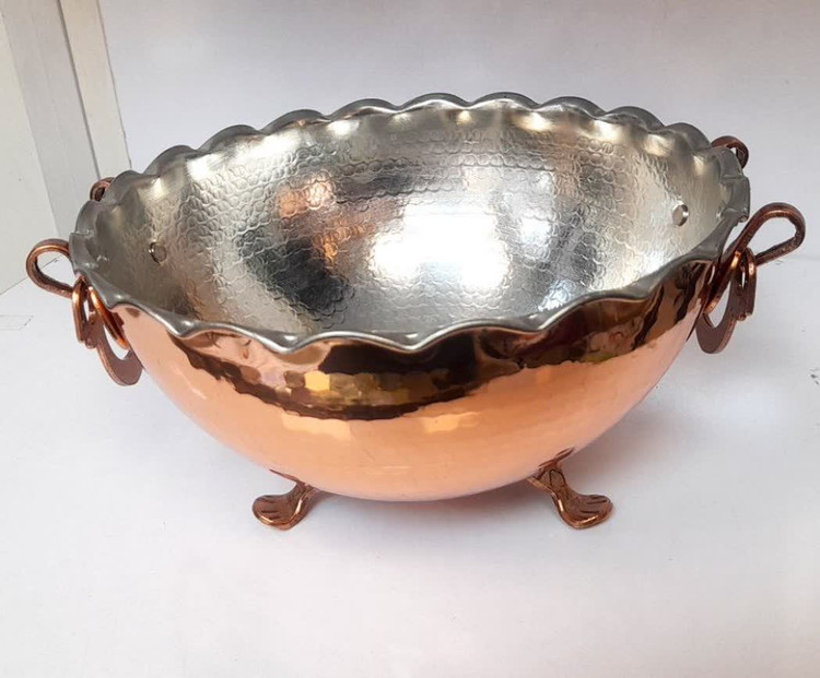 کاسه مسی پایه دار دسته دار نانو شده رنگ ثابت بزرگ