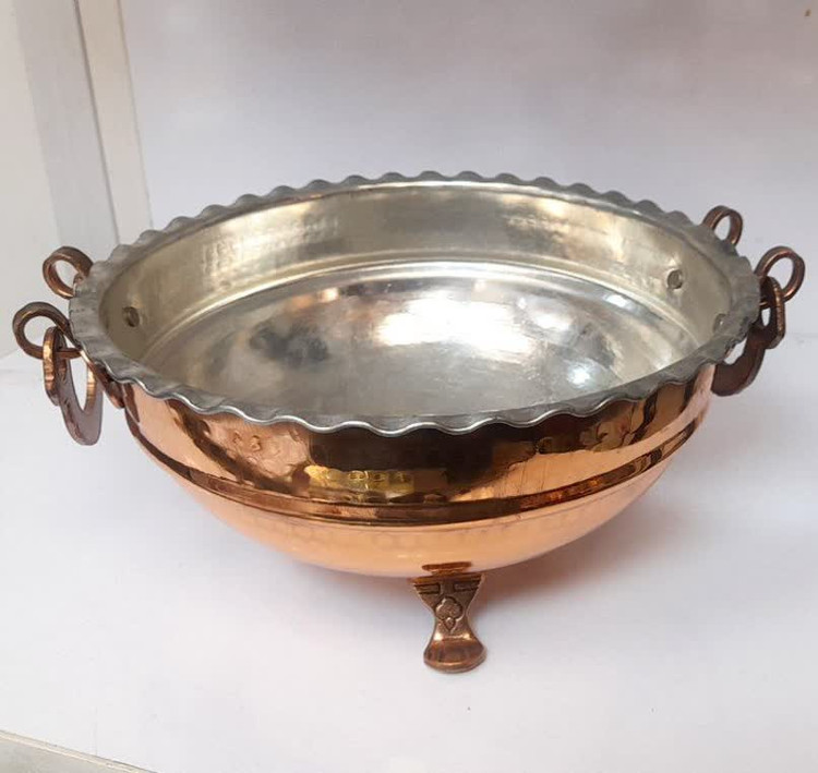 کاسه مسی پایه دار دسته دارنانو شده و رنگ ثابت بزرگ