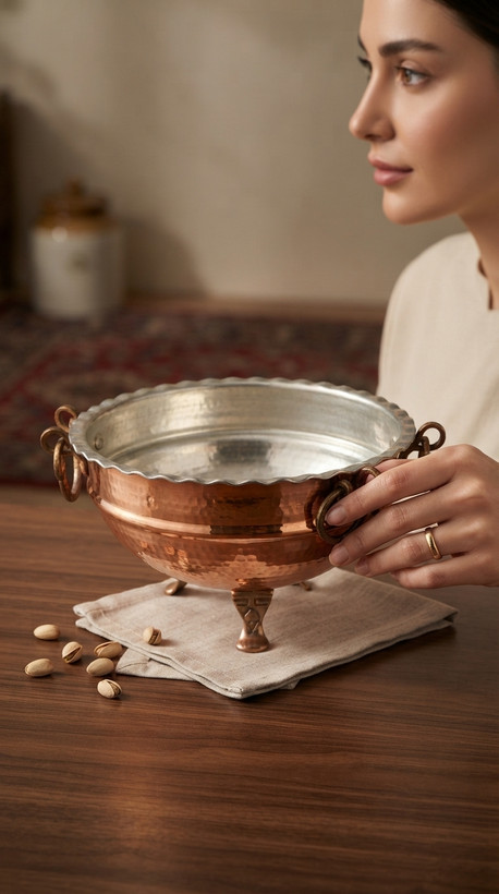 کاسه مسی پایه دار دسته دارنانو شده و رنگ ثابت بزرگ