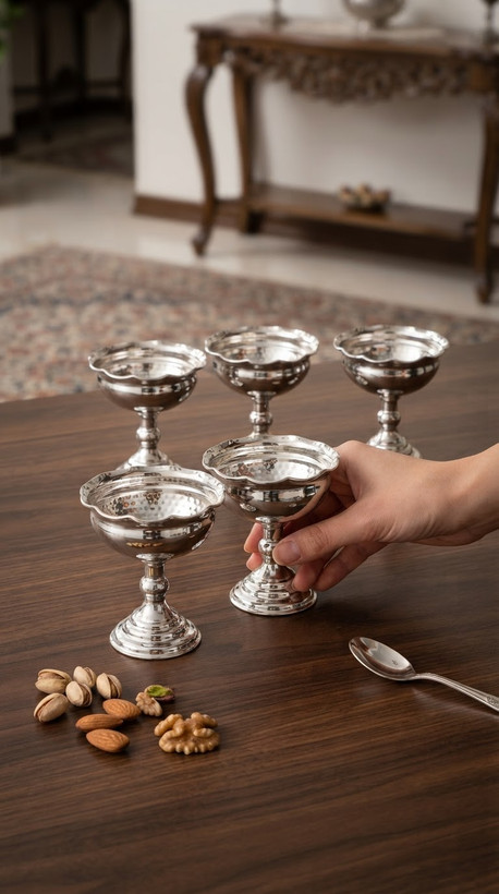 پیاله آجیل مسی تک پایه کروم ۶تایی نانو شده رنگ ثابت