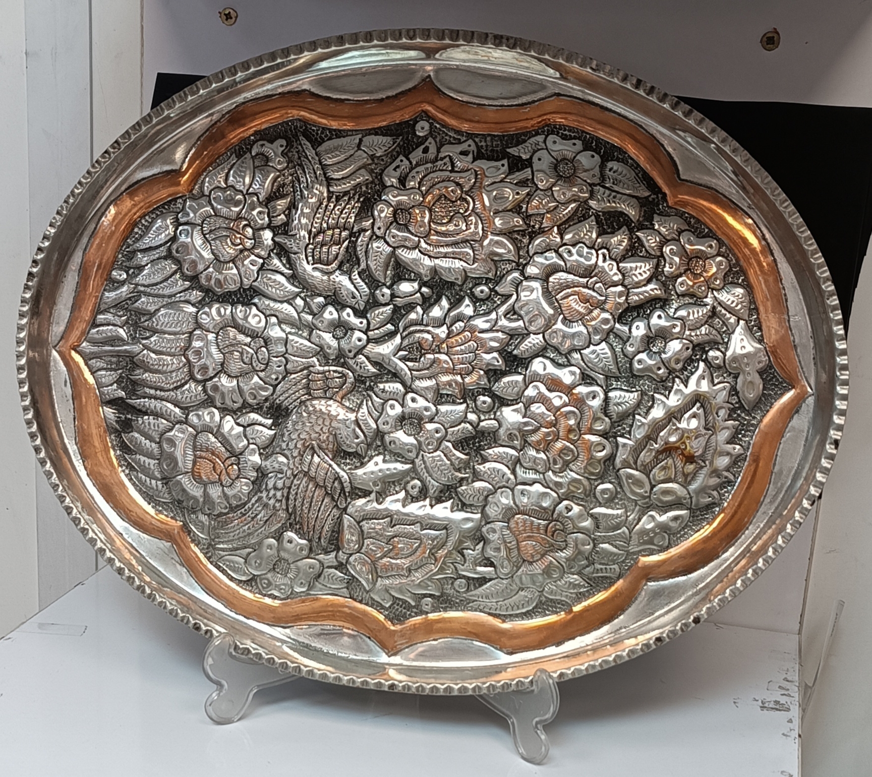 سینی قلم زنی برجسته مسی گل و بلبل دست ساز