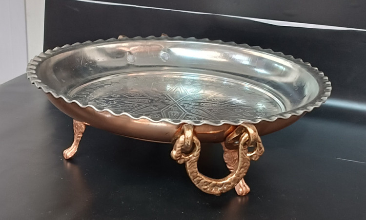 سینی مسی دسته دار پایه دار و طرح دار نانو شده رنگ ثابت