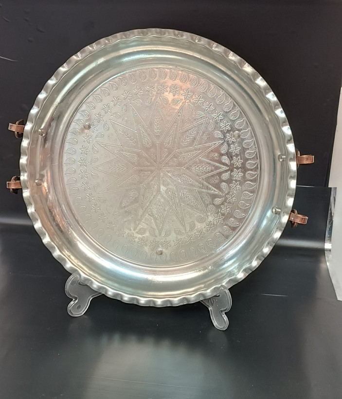 سینی مسی دسته دار پایه دار و طرح دار نانو شده رنگ ثابت
