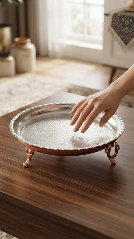 سینی مسی دسته دار پایه دار و طرح دار نانو شده رنگ ثابت
