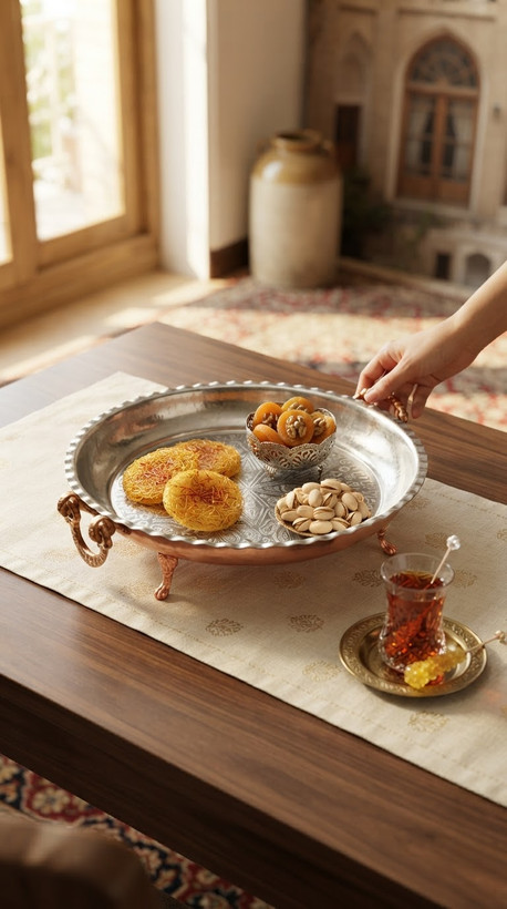 سینی مسی دسته دار پایه دار و طرح دار نانو شده رنگ ثابت