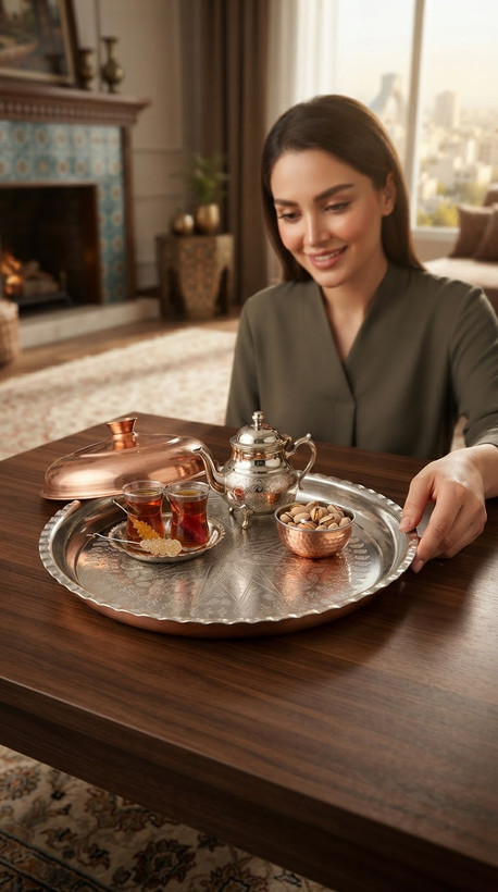 سینی مسی لبه دار داخل قلع و طرح دار بیرون نانو شده رنگ ثابت