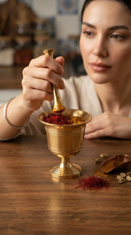 هاون برنجی پایه دار زعفران و ادویه جنس خوب