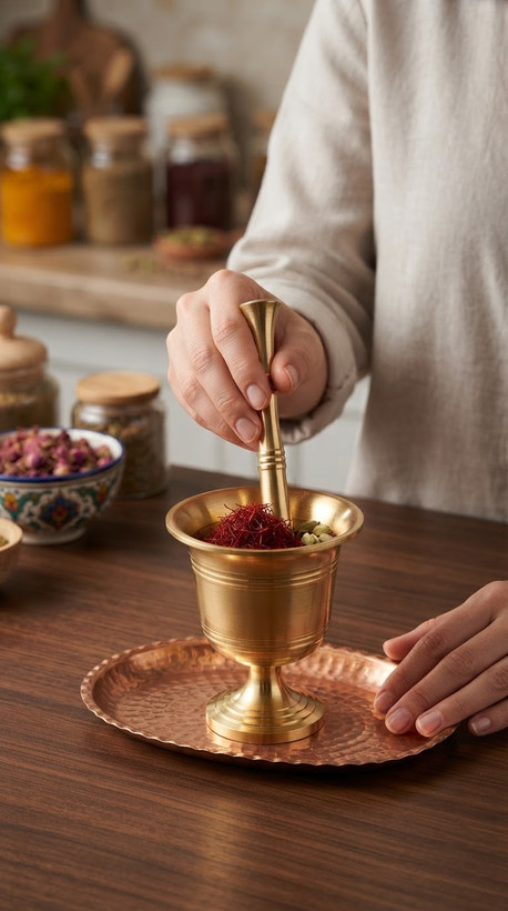 هاون برنجی پایه دار زعفران و ادویه جنس خوب
