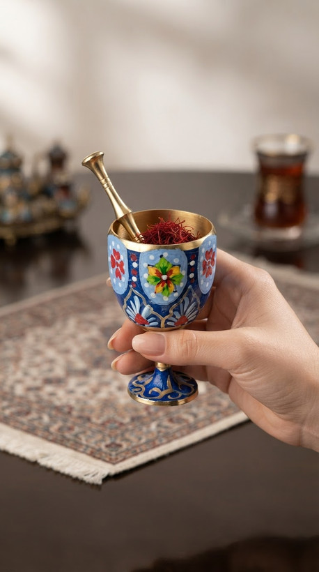 هاون برنجی زعفران پایه دار و نقشدار زیبا و محکم