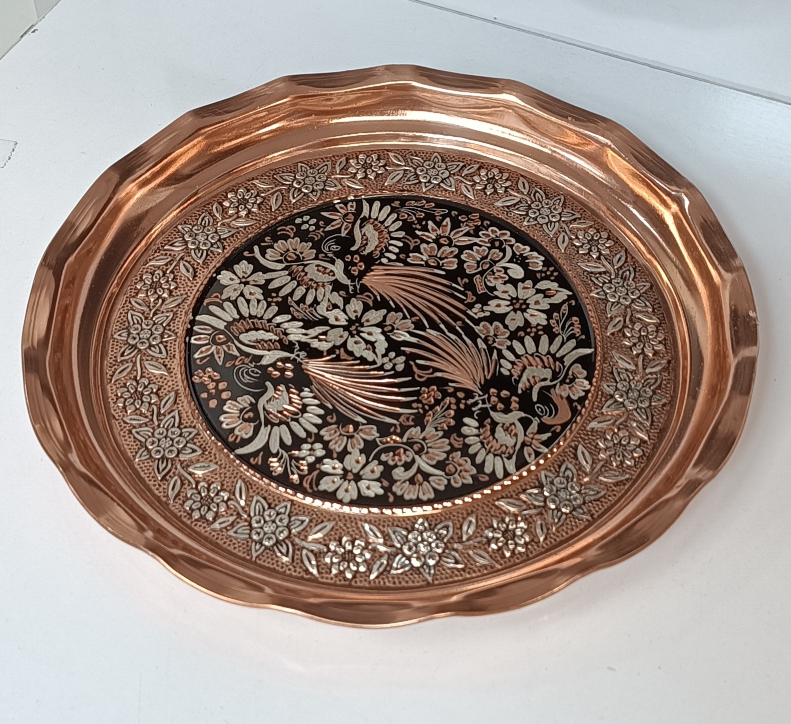 سینی مسی لبه دار نانو شده ابریشم الماس تراش گل مرغ