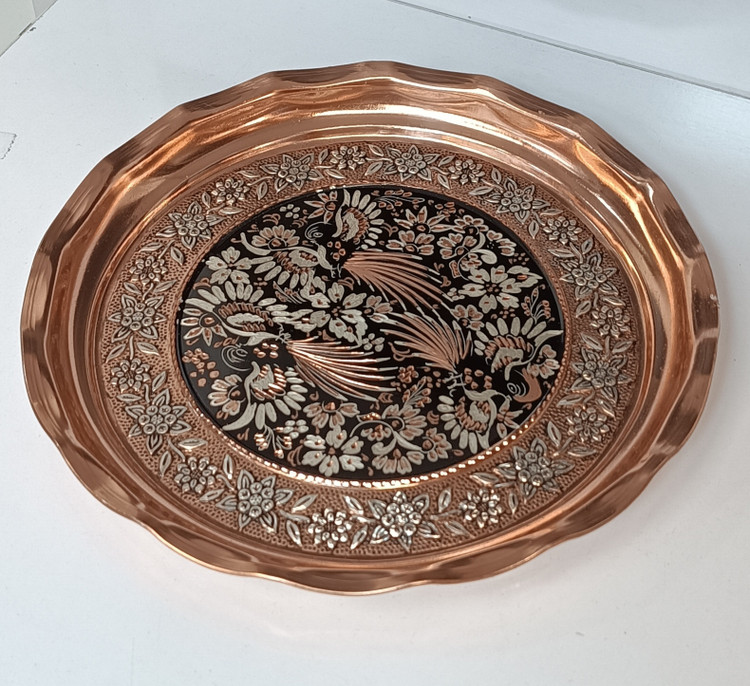 سینی مسی لبه دار نانو شده ابریشم الماس تراش گل مرغ