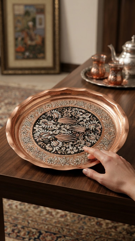 سینی مسی لبه دار نانو شده ابریشم الماس تراش گل مرغ