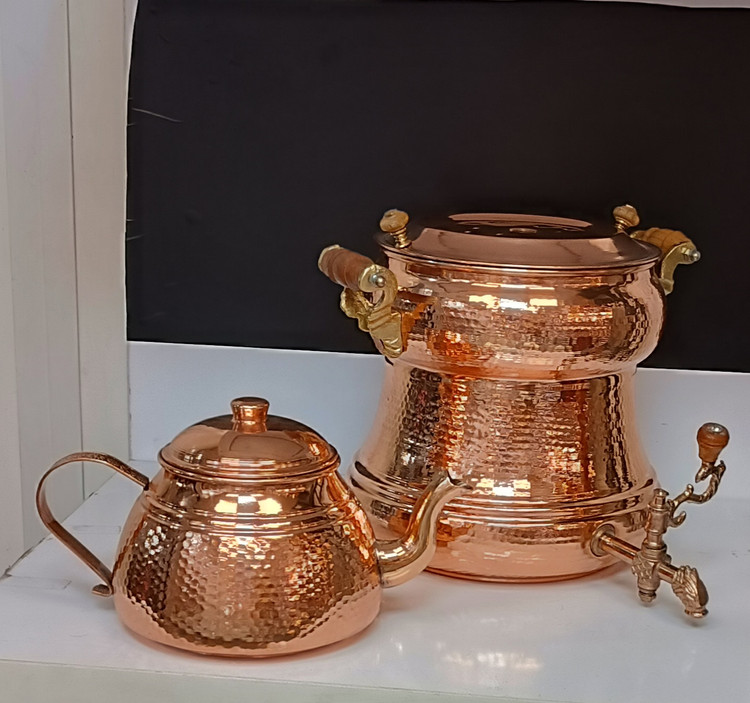 کتری قوری رو اجاقی مسی شیر دار طرح چکشی زنجان