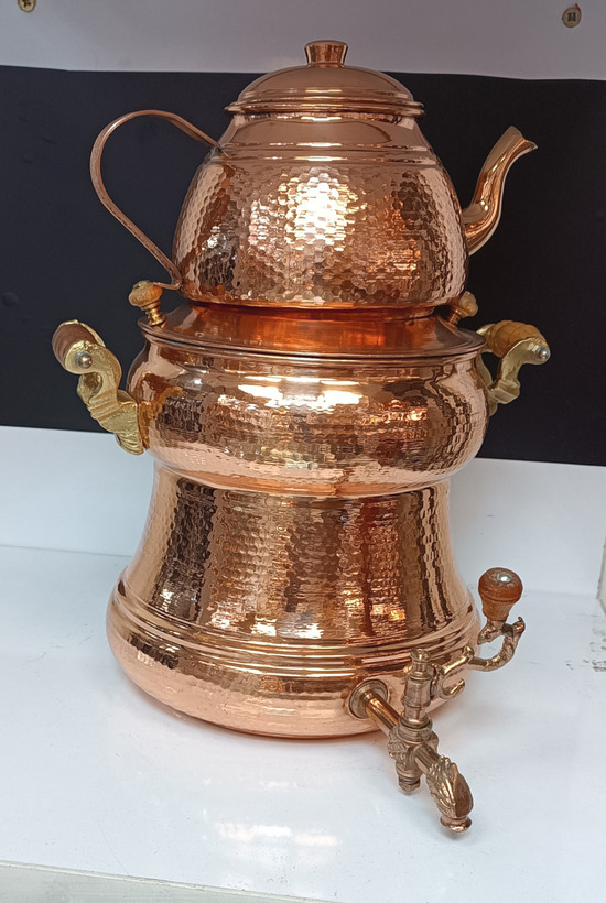 کتری قوری رو اجاقی مسی شیر دار طرح چکشی زنجان