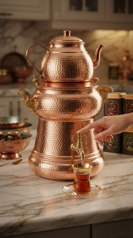 کتری قوری رو اجاقی مسی شیر دار طرح چکشی زنجان