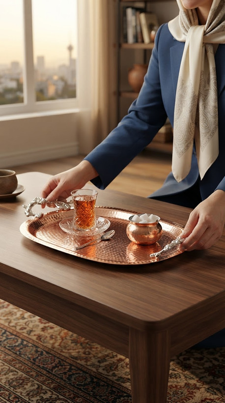 سینی چایی مسی دسته دار نانو شده رنگ ثابت