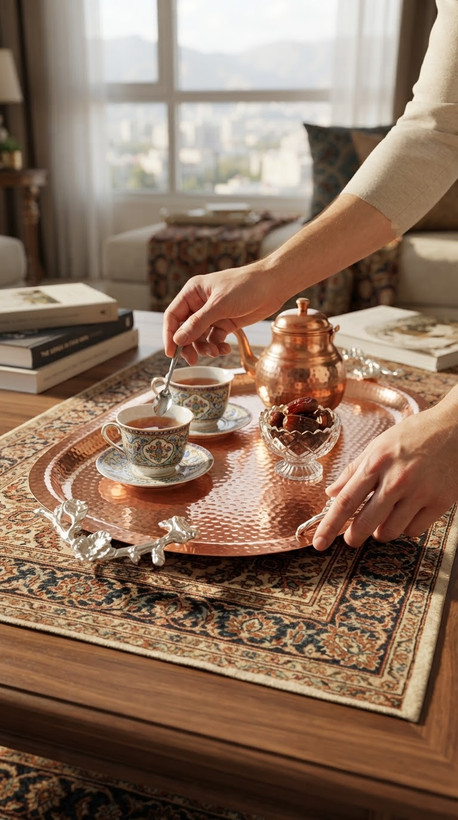 سینی چایی مسی دسته دار نانو شده رنگ ثابت